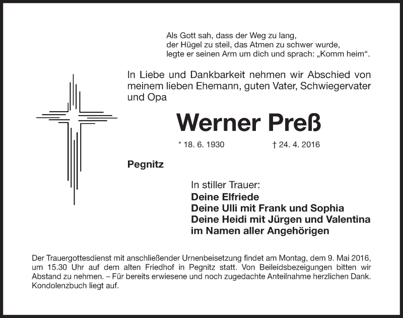  Traueranzeige für Werner Preß vom 30.04.2016 aus Nordbayerische Nachrichten Pegnitz Lokal
