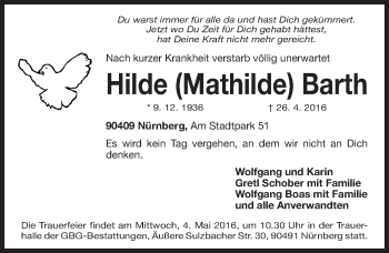 Traueranzeige von Hilde Barth von Gesamtausgabe Nürnberger Nachrichten/ Nürnberger Ztg.