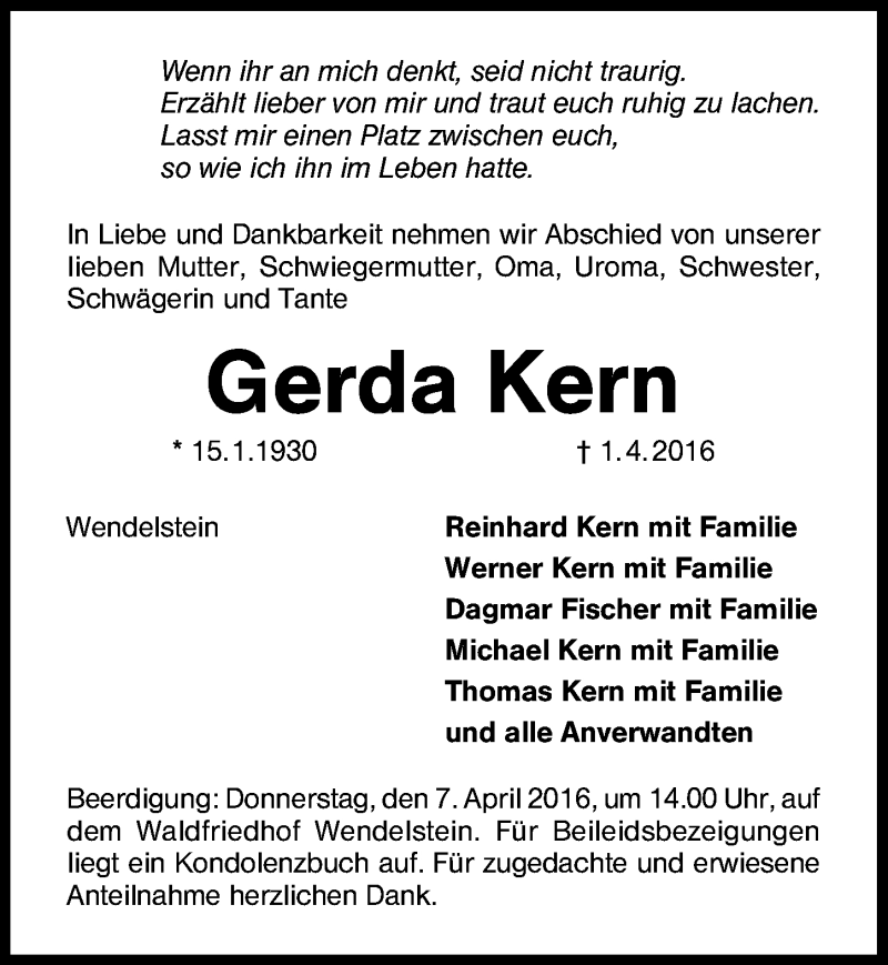  Traueranzeige für Gerda Kern vom 05.04.2016 aus Schwabach