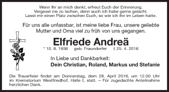 Traueranzeige von Elfriede Andreä von Gesamtausgabe Nürnberger Nachrichten/ Nürnberger Ztg.