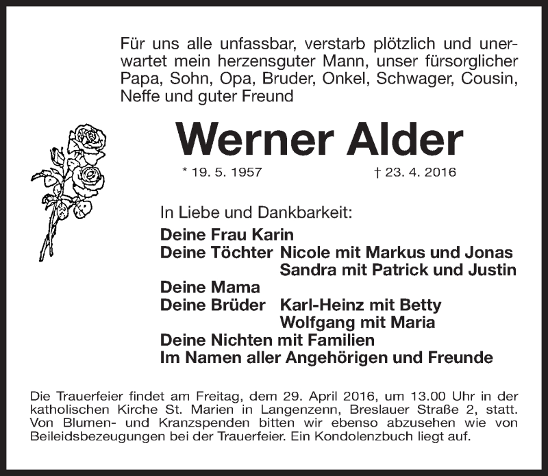  Traueranzeige für Werner Alder vom 28.04.2016 aus Gesamtausgabe Nürnberger Nachrichten/ Nürnberger Ztg./ Neumarkter Nachrichten