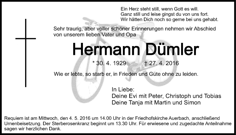  Traueranzeige für Hermann Dümler vom 30.04.2016 aus Nordbayerische Nachrichten Pegnitz Lokal