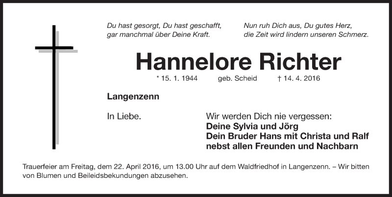  Traueranzeige für Hannelore Richter vom 18.04.2016 aus Fürther Nachrichten Lokal