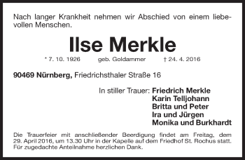 Traueranzeige von Ilse Merkle von Gesamtausgabe Nürnberger Nachrichten/ Nürnberger Ztg.