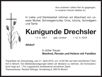 Traueranzeige von Kunigunde Drechsler von Gesamtausgabe Nürnberger Nachrichten/ Nürnberger Ztg.