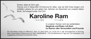 Traueranzeige von Karoline Ram von Gesamtausgabe Nürnberger Nachrichten/ Nürnberger Ztg.