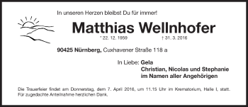 Traueranzeige von Matthias Wellnhofer von Gesamtausgabe Nürnberger Nachrichten/ Nürnberger Ztg.
