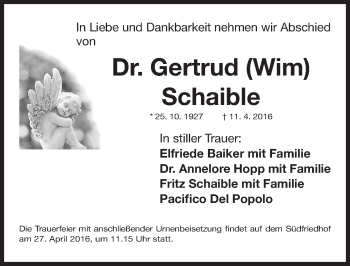 Traueranzeige von Gertrud Schaible von Gesamtausgabe Nürnberger Nachrichten/ Nürnberger Ztg.