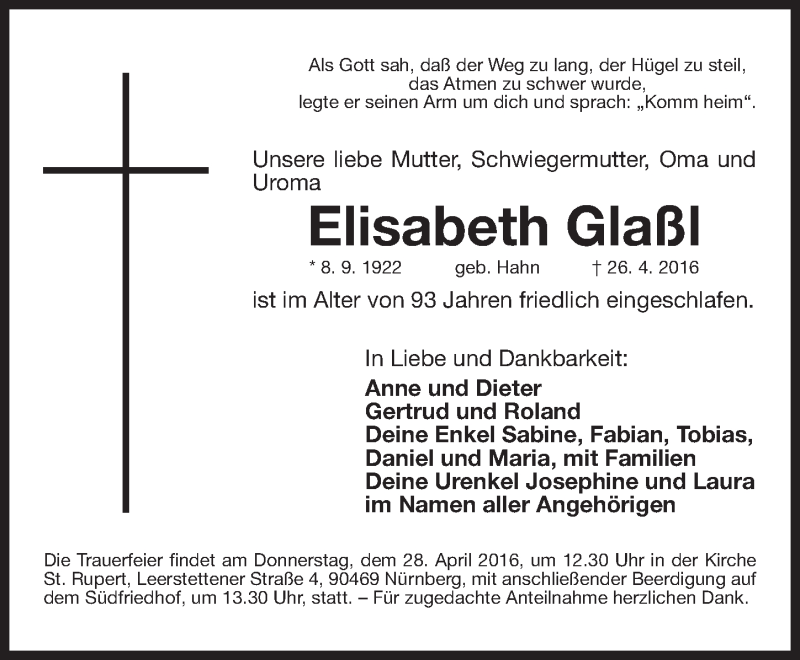  Traueranzeige für Elisabeth Glaßl vom 27.04.2016 aus Gesamtausgabe Nürnberger Nachrichten/ Nürnberger Ztg.