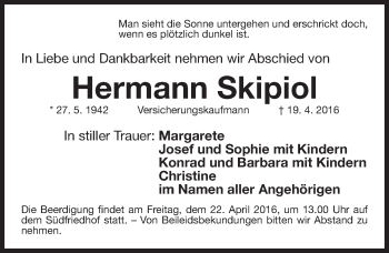 Traueranzeige von Hermann Skipiol von Gesamtausgabe Nürnberger Nachrichten/ Nürnberger Ztg.