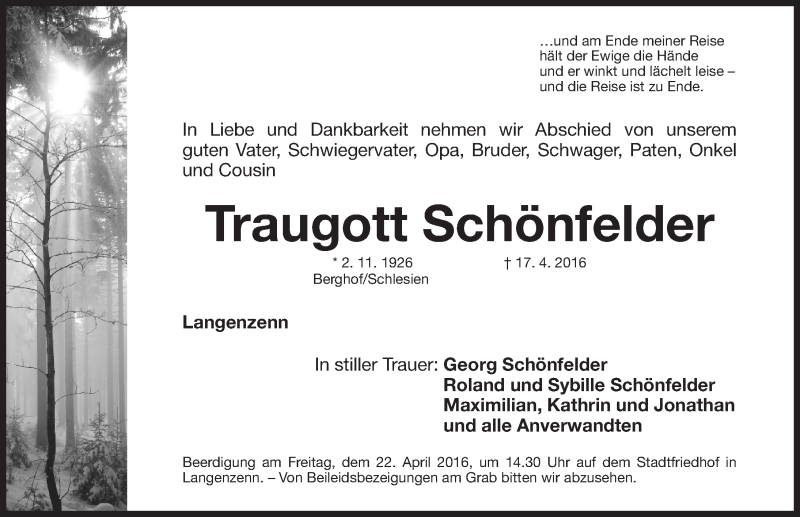  Traueranzeige für Traugott Schönfelder vom 20.04.2016 aus Fürther Nachrichten Lokal