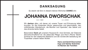 Traueranzeige von Johanna Dworschak von Gesamtausgabe Nürnberger Nachrichten/ Nürnberger Ztg.