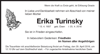 Traueranzeige von Erika Turinsky von Gesamtausgabe Nürnberger Nachrichten/ Nürnberger Ztg.