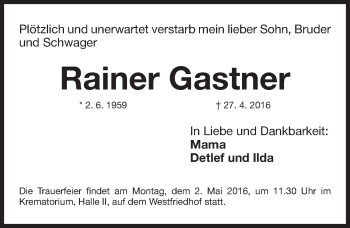 Traueranzeige von Rainer Gastner von Gesamtausgabe Nürnberger Nachrichten/ Nürnberger Ztg.