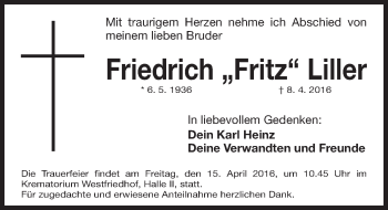 Traueranzeige von Friedrich Liller von Gesamtausgabe Nürnberger Nachrichten/ Nürnberger Ztg.