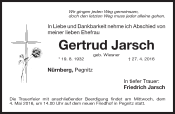 Traueranzeige von Gertrud Jarsch von Gesamtausgabe Nürnberger Nachrichten/ Nürnberger Ztg.