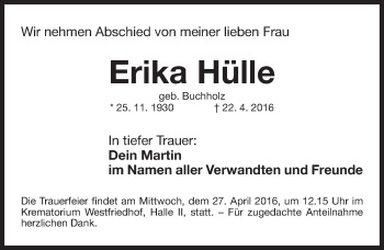 Traueranzeige von Erika Hülle von Gesamtausgabe Nürnberger Nachrichten/ Nürnberger Ztg.