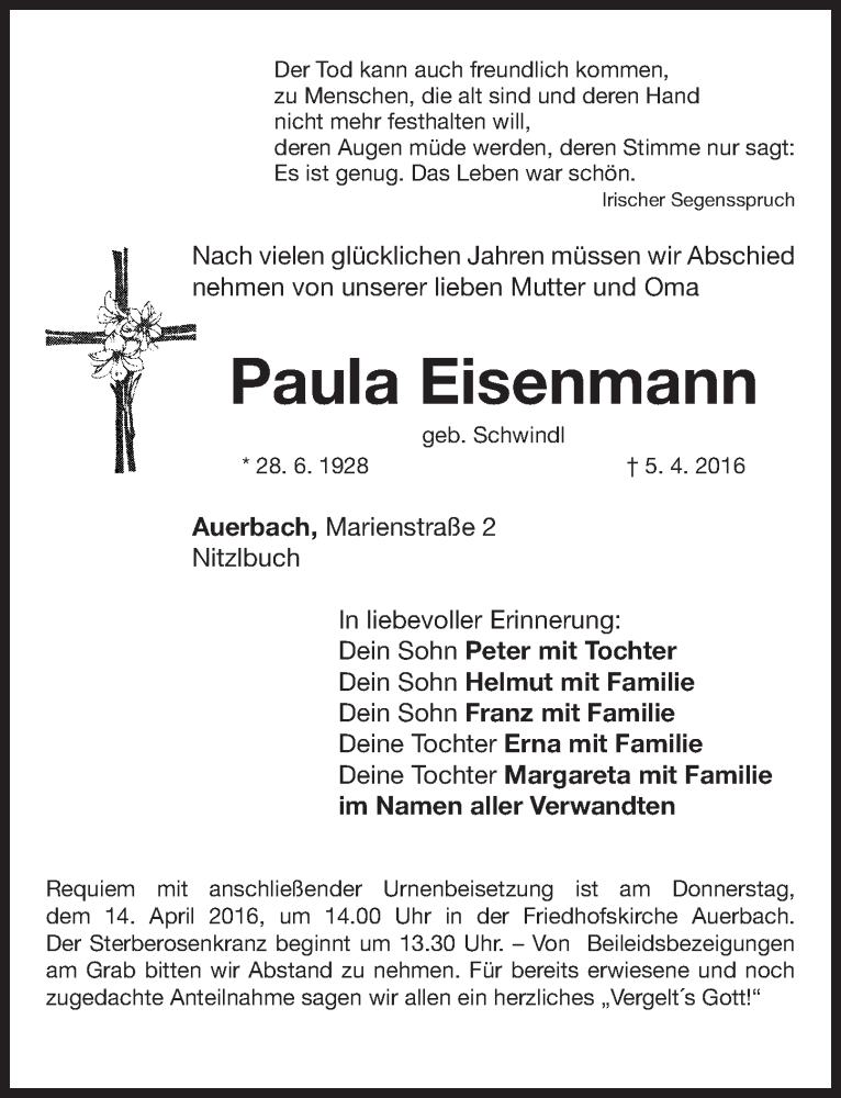  Traueranzeige für Paula Eisenmann vom 09.04.2016 aus Nordbayerische Nachrichten Pegnitz Lokal