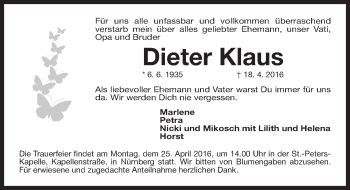 Traueranzeige von Dieter Klaus von Gesamtausgabe Nürnberger Nachrichten/ Nürnberger Ztg.