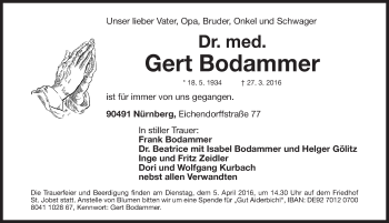 Traueranzeige von Gert Bodammer von Gesamtausgabe Nürnberger Nachrichten/ Nürnberger Ztg.