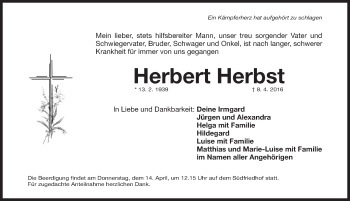 Traueranzeige von Herbert Herbst von Gesamtausgabe Nürnberger Nachrichten/ Nürnberger Ztg.