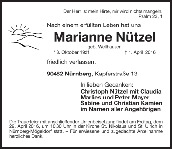 Traueranzeige von Marianne Nützel von Gesamtausgabe Nürnberger Nachrichten/ Nürnberger Ztg.
