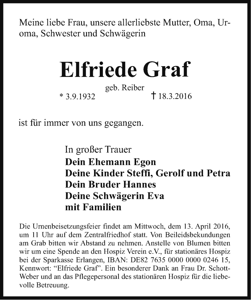  Traueranzeige für Elfriede Graf vom 09.04.2016 aus Erlanger Nachrichten Lokal
