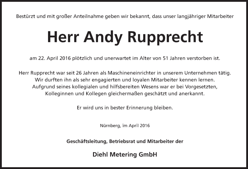  Traueranzeige für Andy Rupprecht vom 26.04.2016 aus Gesamtausgabe Nürnberger Nachrichten/ Nürnberger Ztg.