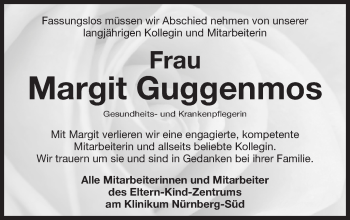 Traueranzeige von Margit Guggenmos von Gesamtausgabe Nürnberger Nachrichten/ Nürnberger Ztg.