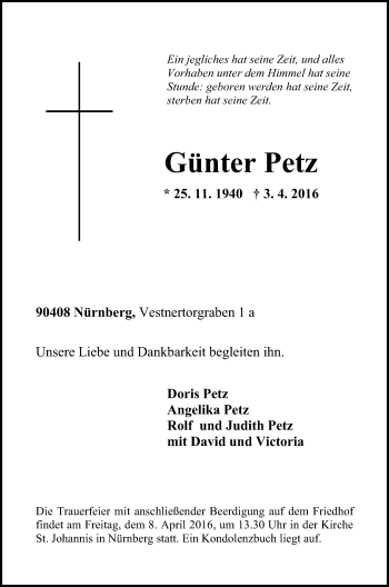 Traueranzeige von Günter Petz von Gesamtausgabe Nürnberger Nachrichten/ Nürnberger Ztg.