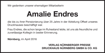Traueranzeige von Amalie Endres von Gesamtausgabe Nürnberger Nachrichten/ Nürnberger Ztg.