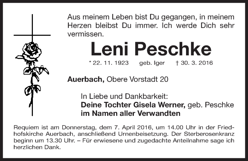  Traueranzeige für Leni Peschke vom 02.04.2016 aus Nordbayerische Nachrichten Pegnitz Lokal