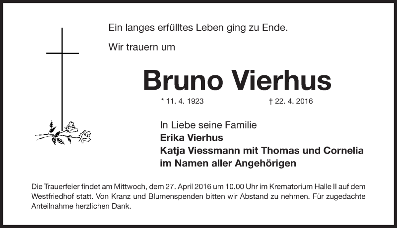  Traueranzeige für Bruno Vierhus vom 25.04.2016 aus Gesamtausgabe Nürnberger Nachrichten/ Nürnberger Ztg.