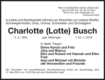 Traueranzeige von Charlotte Busch von Gesamtausgabe Nürnberger Nachrichten/ Nürnberger Ztg.