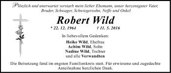 Traueranzeige von Robert Wild von Roth-Hilpoltsteiner Volkszeitung Lokal