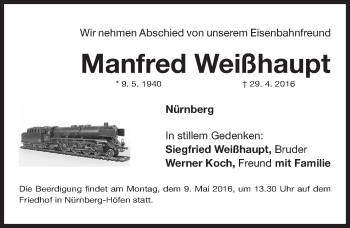 Traueranzeige von Manfred Weißhaupt von Gesamtausgabe Nürnberger Nachrichten/ Nürnberger Ztg.