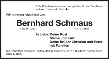 Traueranzeige von Bernhard Schmaus von Gesamtausgabe Nürnberger Nachrichten/ Nürnberger Ztg.