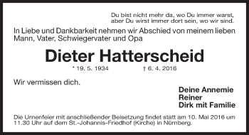 Traueranzeige von Dieter Hatterscheid von Gesamtausgabe Nürnberger Nachrichten/ Nürnberger Ztg.
