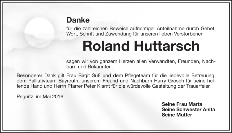  Traueranzeige für Roland Huttarsch vom 25.05.2016 aus Nordbayerische Nachrichten Pegnitz Lokal
