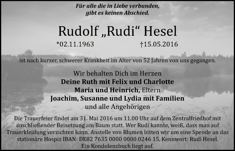  Traueranzeige für Rudolf Rudi Hesel vom 28.05.2016 aus Erlanger Nachrichten Lokal