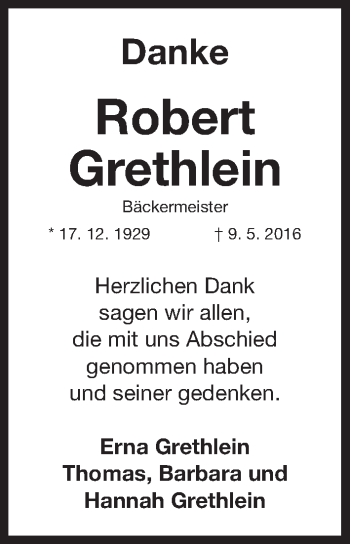 Traueranzeige von Robert Grethlein von Gesamtausgabe Nürnberger Nachrichten/ Nürnberger Ztg.