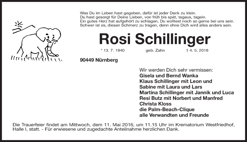  Traueranzeige für Rosi Schillinger vom 07.05.2016 aus Gesamtausgabe Nürnberger Nachrichten/ Nürnberger Ztg.