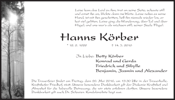 Traueranzeige von Hanns Körber von Gesamtausgabe Nürnberger Nachrichten/ Nürnberger Ztg.