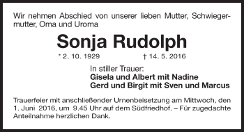 Traueranzeige von Sonja Rudolph von Gesamtausgabe Nürnberger Nachrichten/ Nürnberger Ztg.