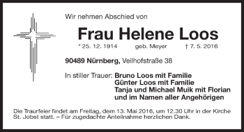 Traueranzeige von Helene Loos von Gesamtausgabe Nürnberger Nachrichten/ Nürnberger Ztg.