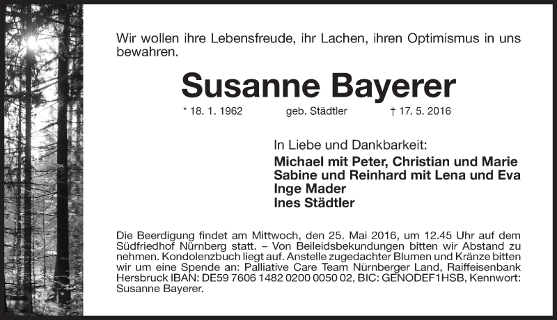  Traueranzeige für Susanne Bayerer vom 21.05.2016 aus Gesamtausgabe Nürnberger Nachrichten/ Nürnberger Ztg.