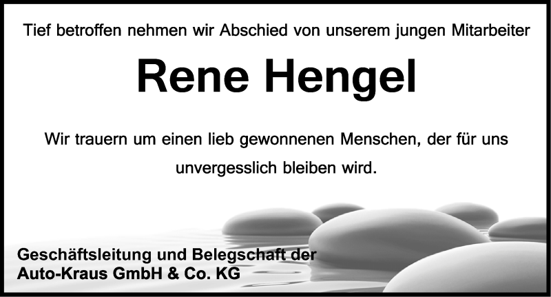  Traueranzeige für Rene Hengel vom 13.05.2016 aus Erlanger Nachrichten Lokal