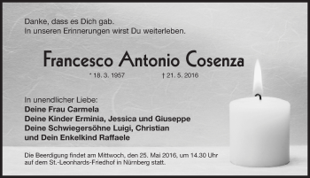 Traueranzeige von Francesco Antonio Cosenza von Gesamtausgabe Nürnberger Nachrichten/ Nürnberger Ztg.