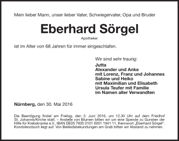 Traueranzeige von Eberhard Sörgel von Gesamtausgabe Nürnberger Nachrichten/ Nürnberger Ztg.