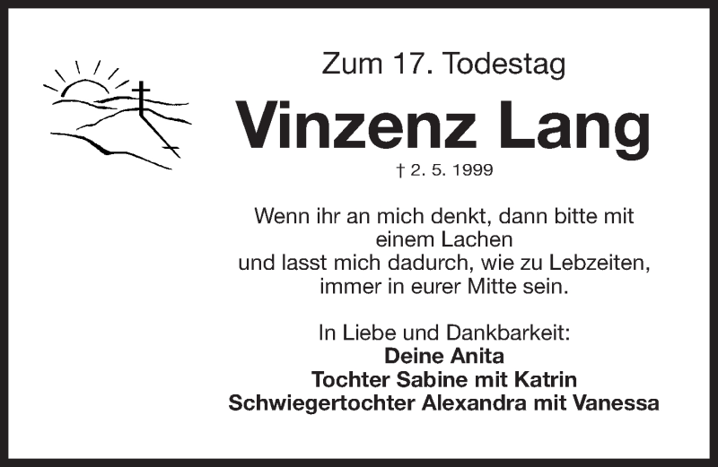 Traueranzeige für Vinzenz Lang vom 02.05.2016 aus Erlanger Nachrichten Lokal